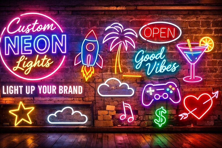 Vibrant neon signs in urban space